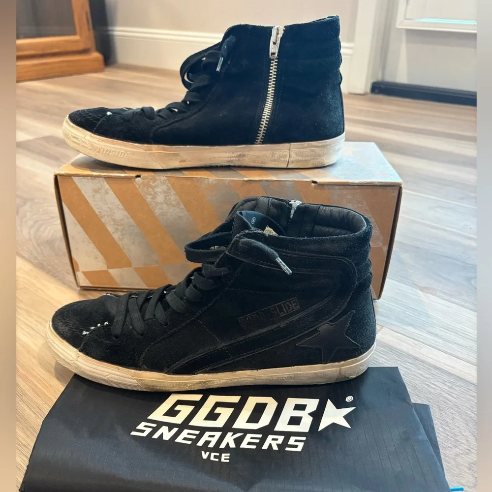 Golden Goose Slide- Black Suede Sneakers Distressed Look Lace-Up - Picture 3 of 9